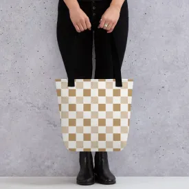 Camel & Cream Checkered Tote Bag