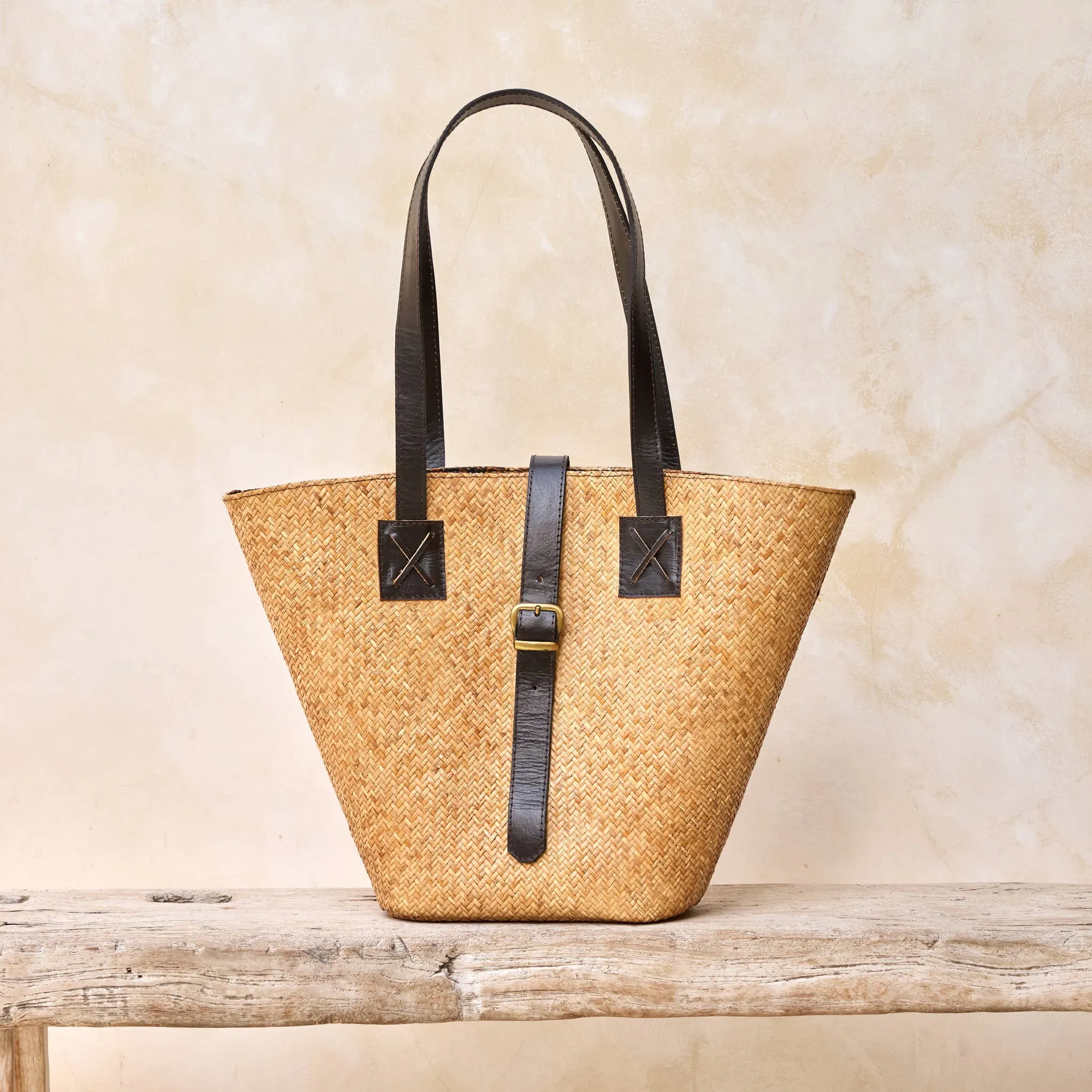 Rattan Basket Tote Bag with Leather Trim - Borneo