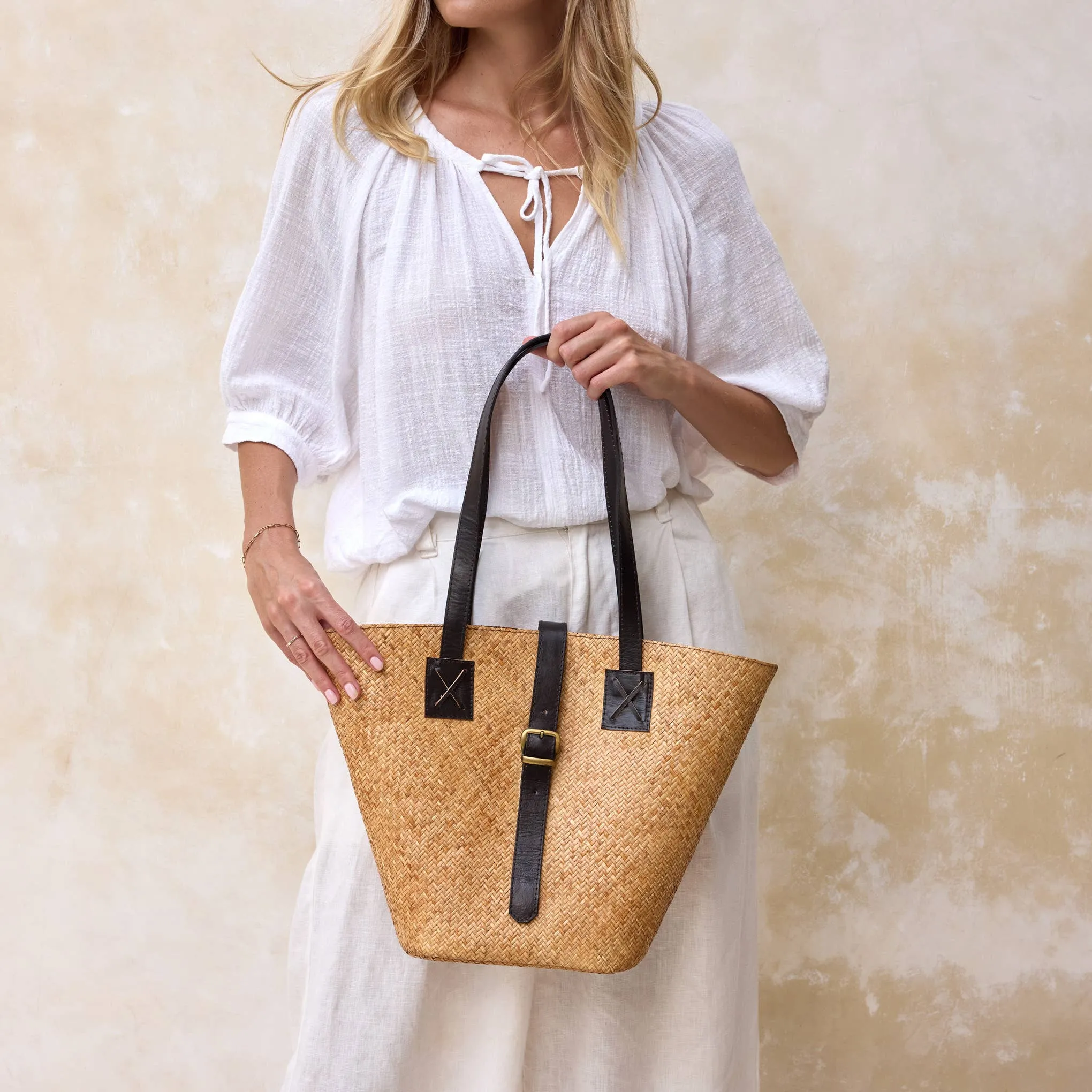Rattan Basket Tote Bag with Leather Trim - Borneo